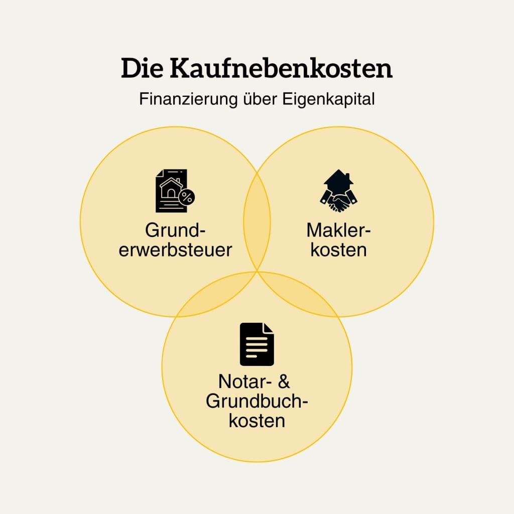 Schaubild zu den Kaufnebenkosten einer Eigentumswohnung mit Grunderwerbsteuer, Maklerkosten sowie Notar- und Grundbuchkosten.